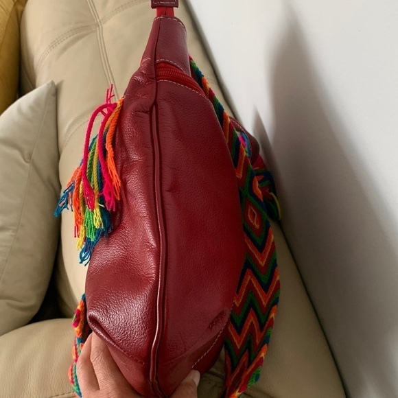 Leather bohemian red crochet red crossbody bag festive unique multicolored - Picture 5 of 16